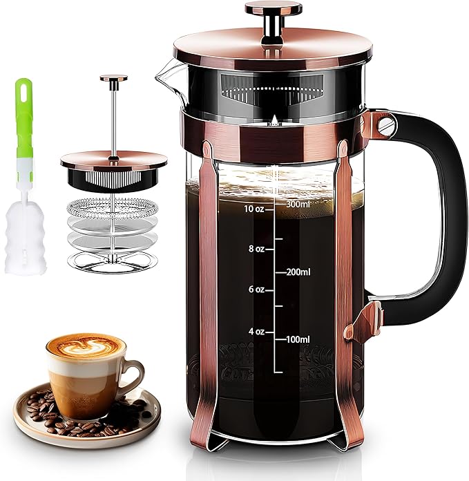 YMMIND 34 Ounce French Press Coffee Maker, 5-Cup Espresso Coffee Maker, Grey Cold Brew Heat Resistant Thickened Borosilicate Coffee Pot with 4 Stainless Steel Filter Screens