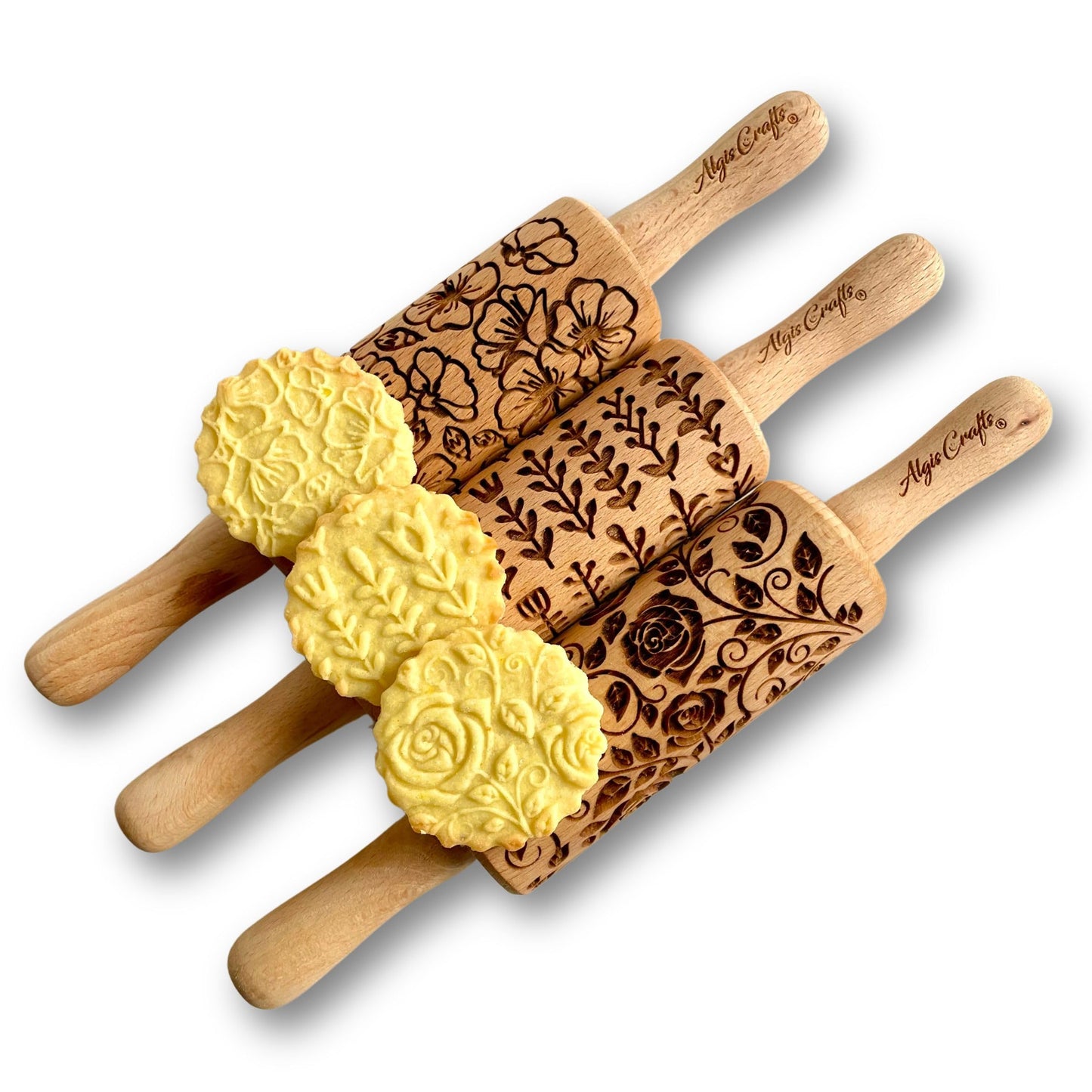 SEASONS 3 Mini Embossed Rolling Pin Set. Wooden Laser Cut Mini Rolling Pins for cookies or clay with spring flowers, tulips, daffodils, strawberries, raspberries, birch, trees by Algis Crafts