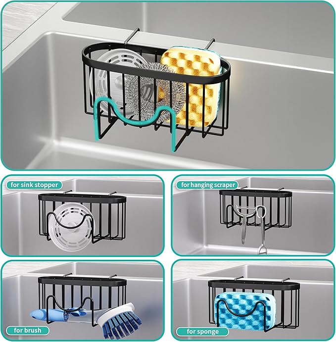 HapiRm Sponge Holder for Kitchen Sink - Rustproof Hanging Kitchen Caddy for Double-Bowl Sink, Center Divider Width Less Than 1.5in- Black