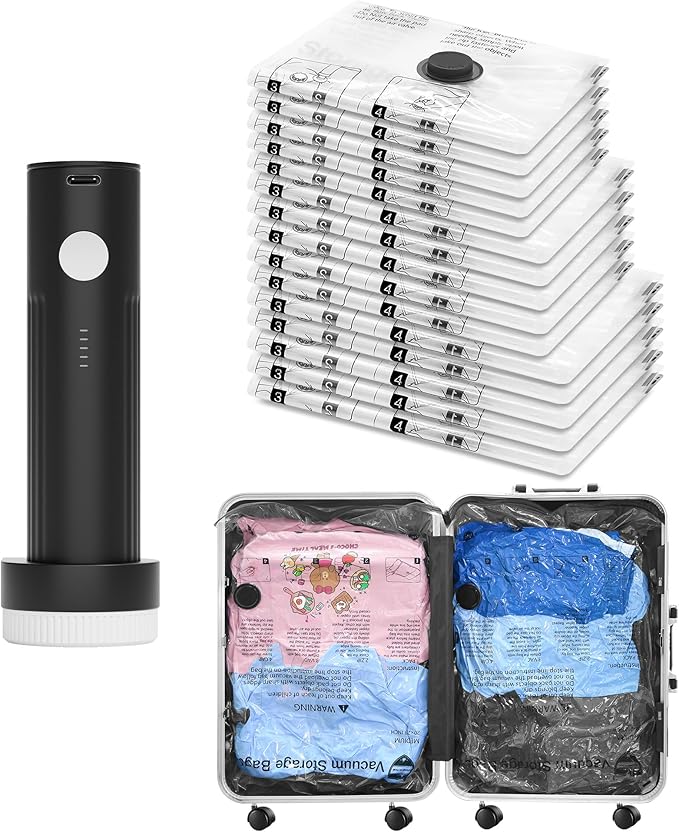 Vacuum Seal Bags for Clothing Travel and Home Storage, Travel Vacuum Bags with Electric Pump, Space Saver Compression Packing Cubes for Luggage Suitcase Bedding Blankets Clothes, 8 Combo