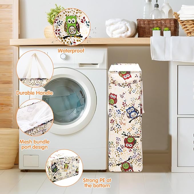 Odonata Slim Laundry Hamper Handles Collapsible Laundry Basket Thin Dirty Clothes Basket Narrow Laundry Bag Foldable Dirty Hamper 48L (Owl)