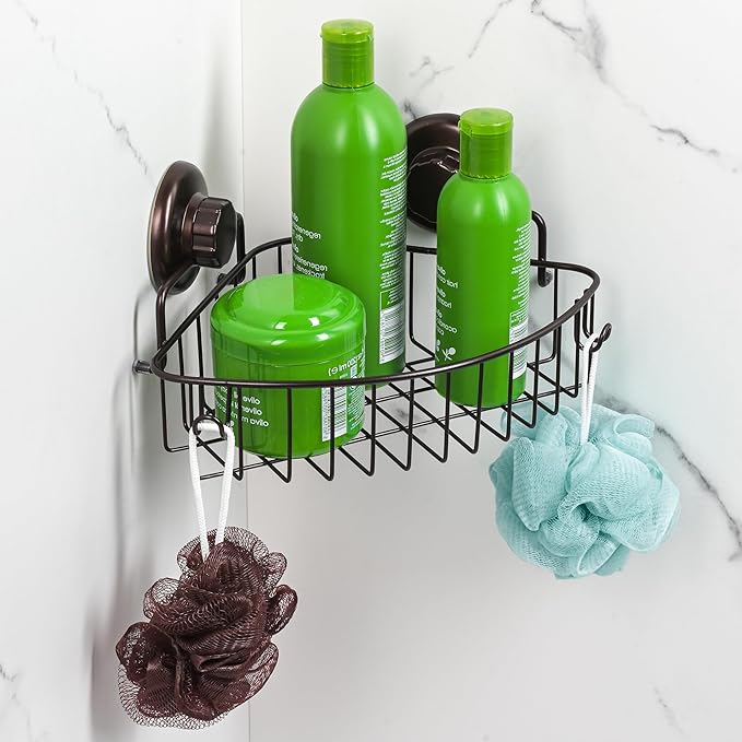 Suction Cup Corner Shower Caddy - 304 Stainless Steel Shower Shelf - Adhesive 3M Stick Discs Included - Bathroom Caddy with Hooks - No Drilling Bathtub Storage Organizer (Bronze)