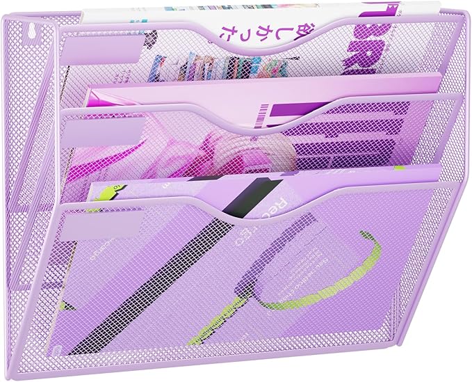 3 Pockets Hanging Wall File Organizer Mail Holder, Wall Mounted Paper Document Folder Holder, Clipboard Storage Organization Magazine Rack, Light Purple