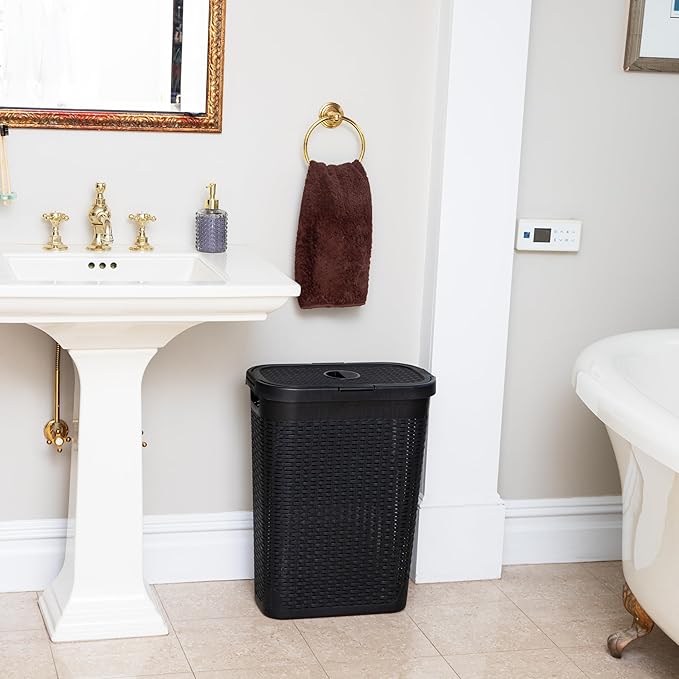 Mind Reader Slim Laundry Hamper with Lid, 40L Clothes Basket, Premium Wicker Design, Plastic, Black