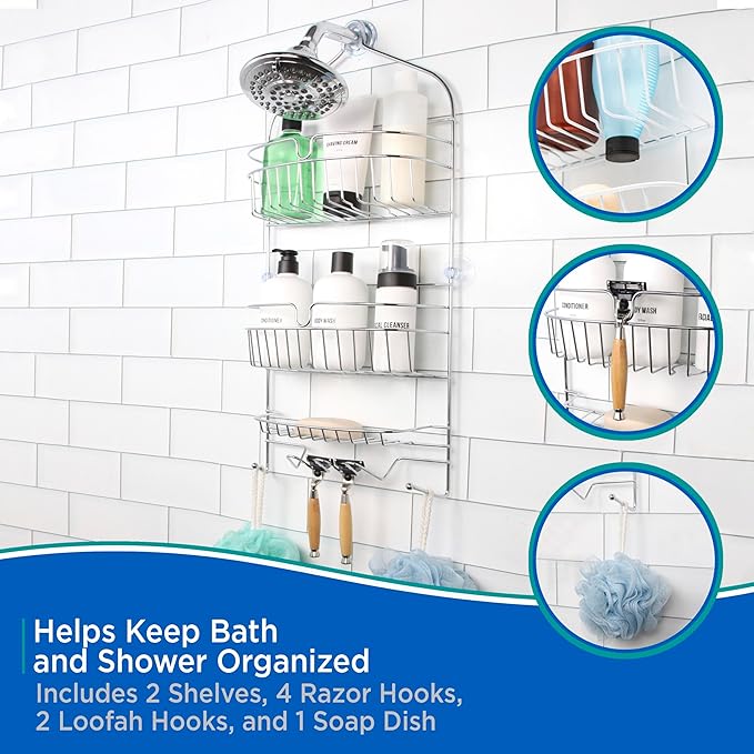 Kenney KN614121 Over the Shower Head 17" L x 10" W x 4" D Rust-Resistant Metal Wire Small 2-Shelf Hanging Caddy with Suction Cups and Razor Holders for Bathroom Shower, White