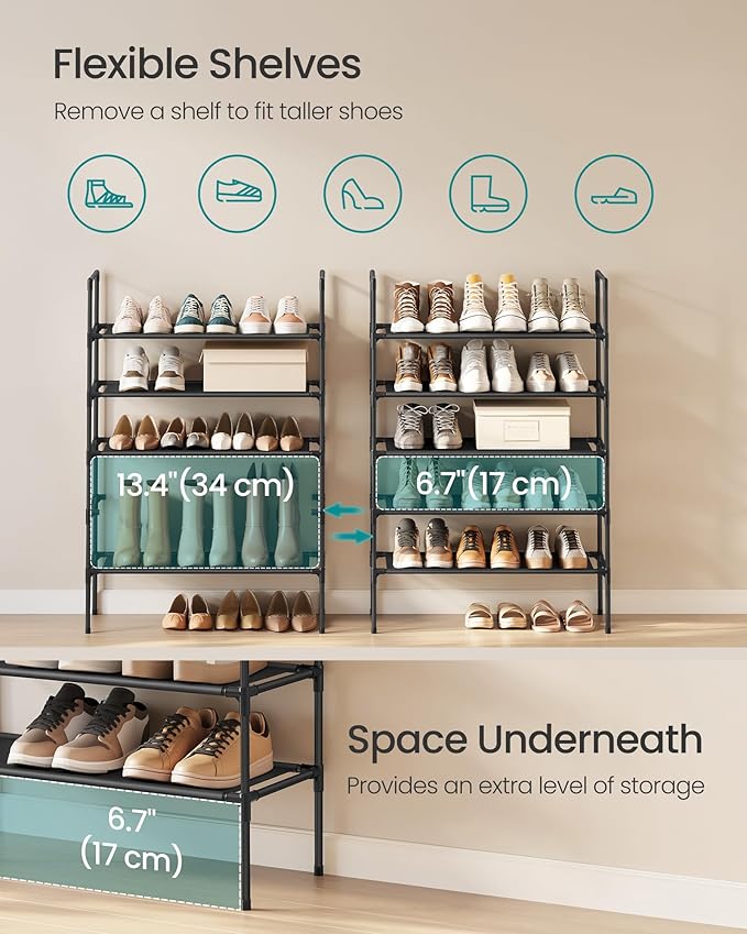 SONGMICS 5-Tier Shoe Rack, Shoe Storage for Hallway Closet, Slim and Space-Saving, Metal Frame, Non-Woven Fabric Shelves, Black ULSH045BH02