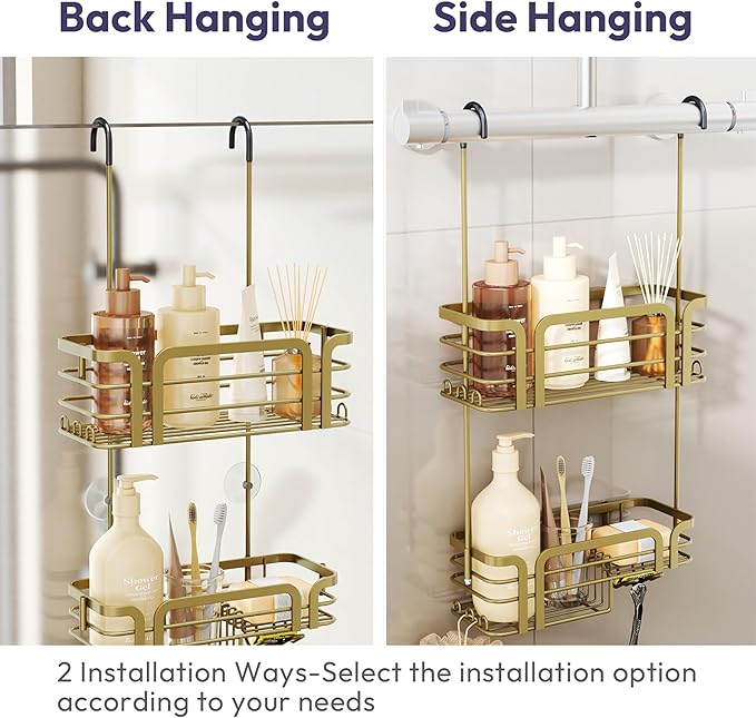 SWTYMIKI Shower Caddy Hanging Organizer - Over the Door Shower Caddy with Soap Holder, 11 Hooks, 2 Installation Ways, Stainless Steel Rustproof Bathroom Organizer, Gold