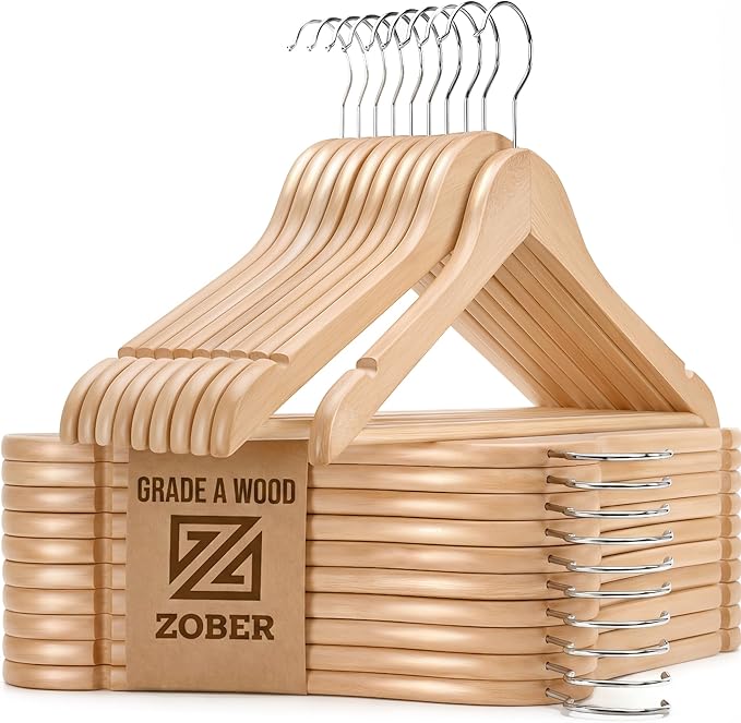 ZOBER High-Grade Wooden Hangers - Heavy Duty, Non Slip Wood Hangers for Coats, Jackets, Suits, & Pants - Clothes Hangers for Closet W/Bar and Notches 20 Pack
