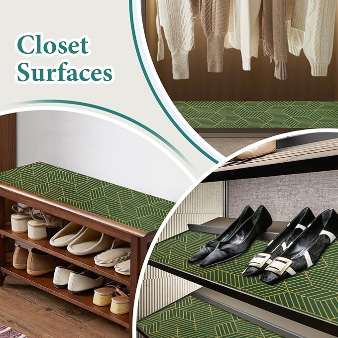 Shelf Liners for Kitchen Cabinets 17.5in x 20FT, Non Adhesive Cabinet Liner Strong Non-Slip Thickened Gold Green Geometric Drawer Liner, Easy to Clean for Shelf, Cabinet with Knife and Tape Measure