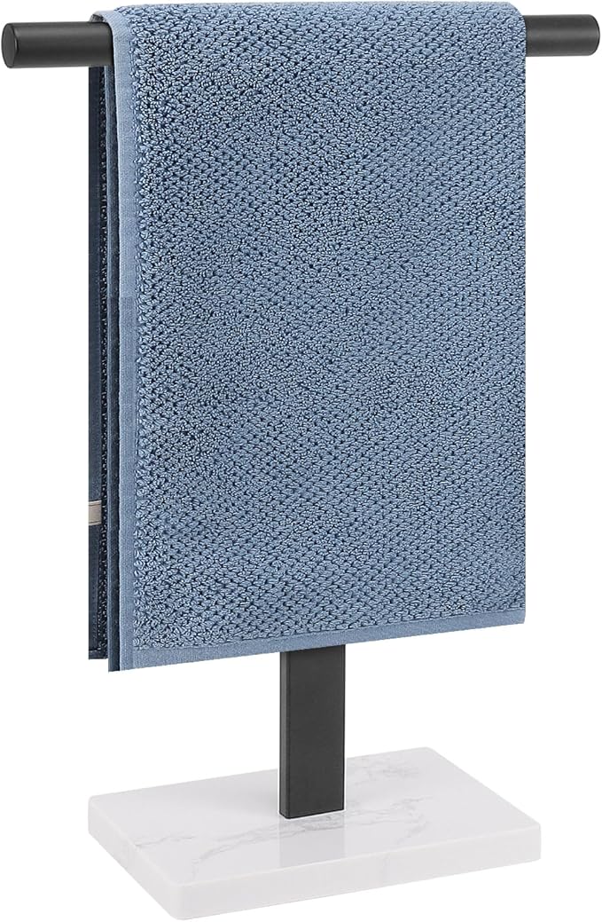 Hand Towel Holder, T-Shape Hand Towel Stand for Bathroom, Hand Towel Rack Bar Standing for Vanity Kitchen Countertop, 304 Stainless Steel, Marble Base (Black)