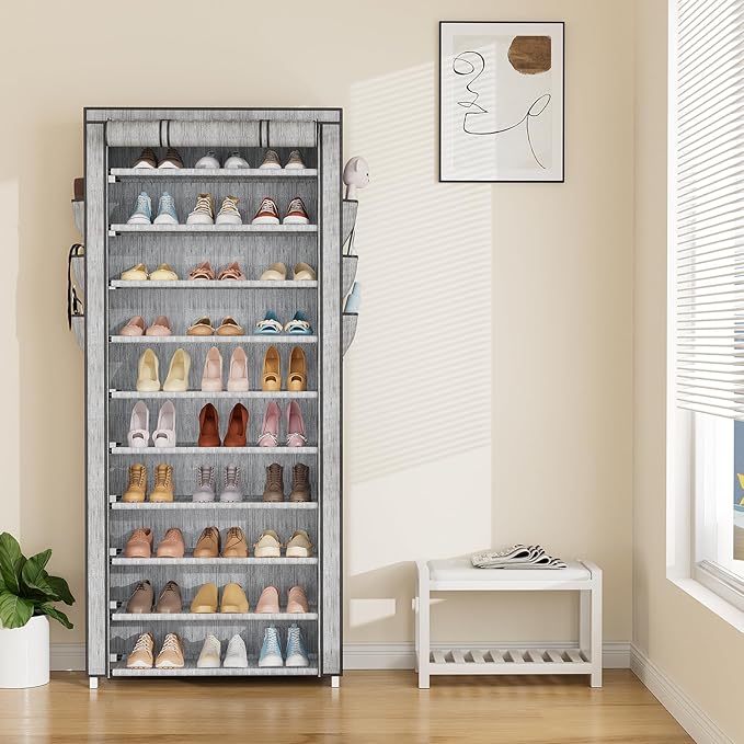 VTRIN Vertical Narrow Shoe Rack Organizer Tall Shoe Rack for Closet Entryway 10 Tier Non-Woven Cover Shoe Shelf Holds 36-41 Pairs Free Standing Shoe Storage Cabinet with Dustproof Cover, Multi Color