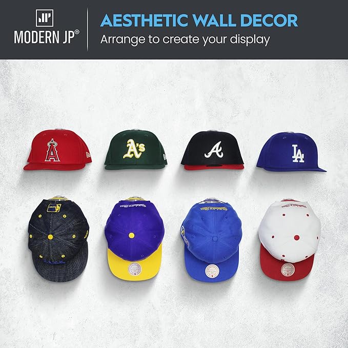 Modern JP Adhesive Hat Hooks for Wall (16-Pack) - Hat Rack for Baseball Caps, Minimalist Hat Display, Strong Hold Hat Hangers for Wall - USA Patented, White