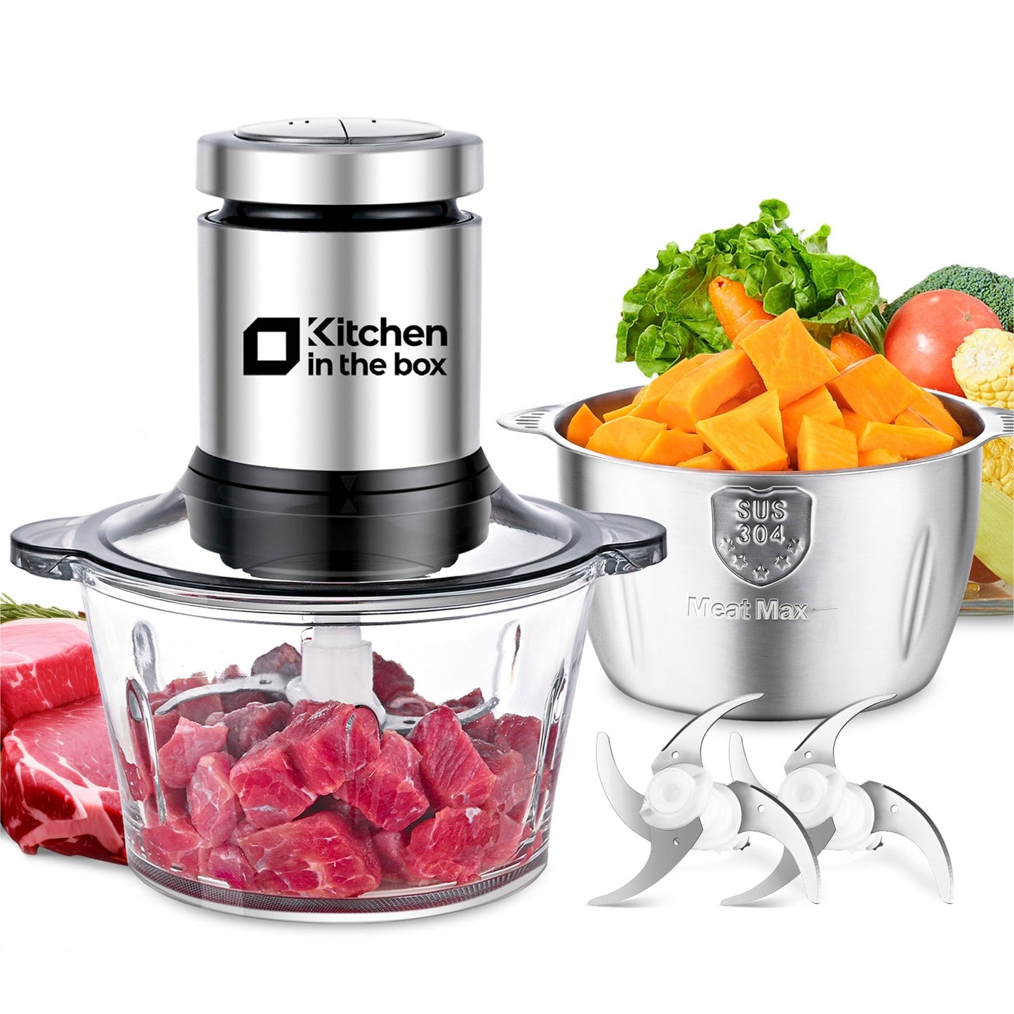 Kitchen in the box Food Processors,Small Meat Grinder & Food Chopper Electric Vegetable Chopper with 2 Bowls (8 Cup+8 Cup)& 2 Bi-Level Blades for Meat/fish/Vegetable/Baby Food,Black