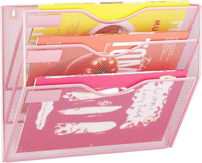 3 Pockets Hanging Wall File Organizer Mail Holder, Wall Mounted Paper Document Folder Holder, Clipboard Storage Organization Magazine Rack, Pink