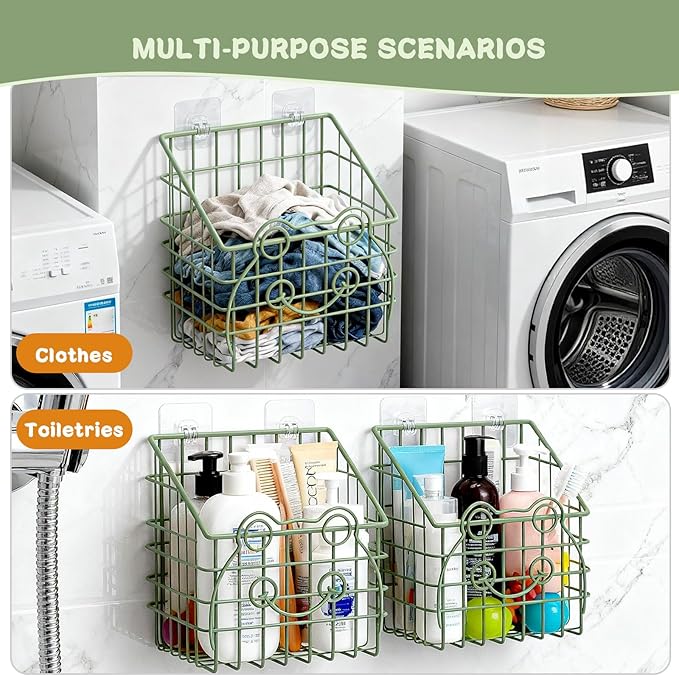 2 PackBath Toy Organizer, Wall Mounted Shower Storage Basket - Metal Bathtub Toy Holder with Hooks for Sorting Kids Toys, Baby Bath Accessories, Toiletries & Shampoo（Green frog）