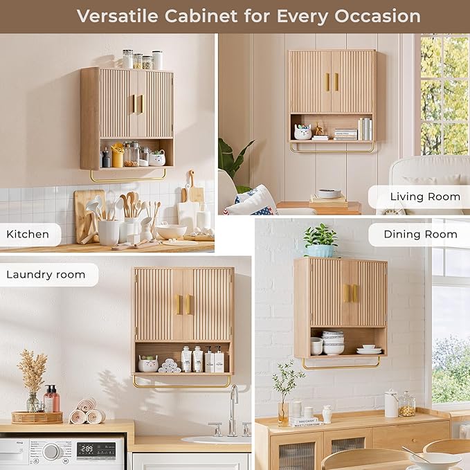Bathroom Cabinet Wall Mount with Fluted Door Panel & Adjustable Shelf, Medicine Cabinet with Open Partition and Towel Bar, Wall Storage Cabinet for Laundry Room & Kitchen (Natural Oak)