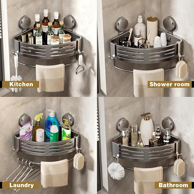 VOLPONE Corner Shower Caddy Suction Cup Shower Shelf Corner No Drilling Bathroom Shower Organizer Storage Rack Adhesive with Towel Bar Hooks (2-Pack, Matte Gray)