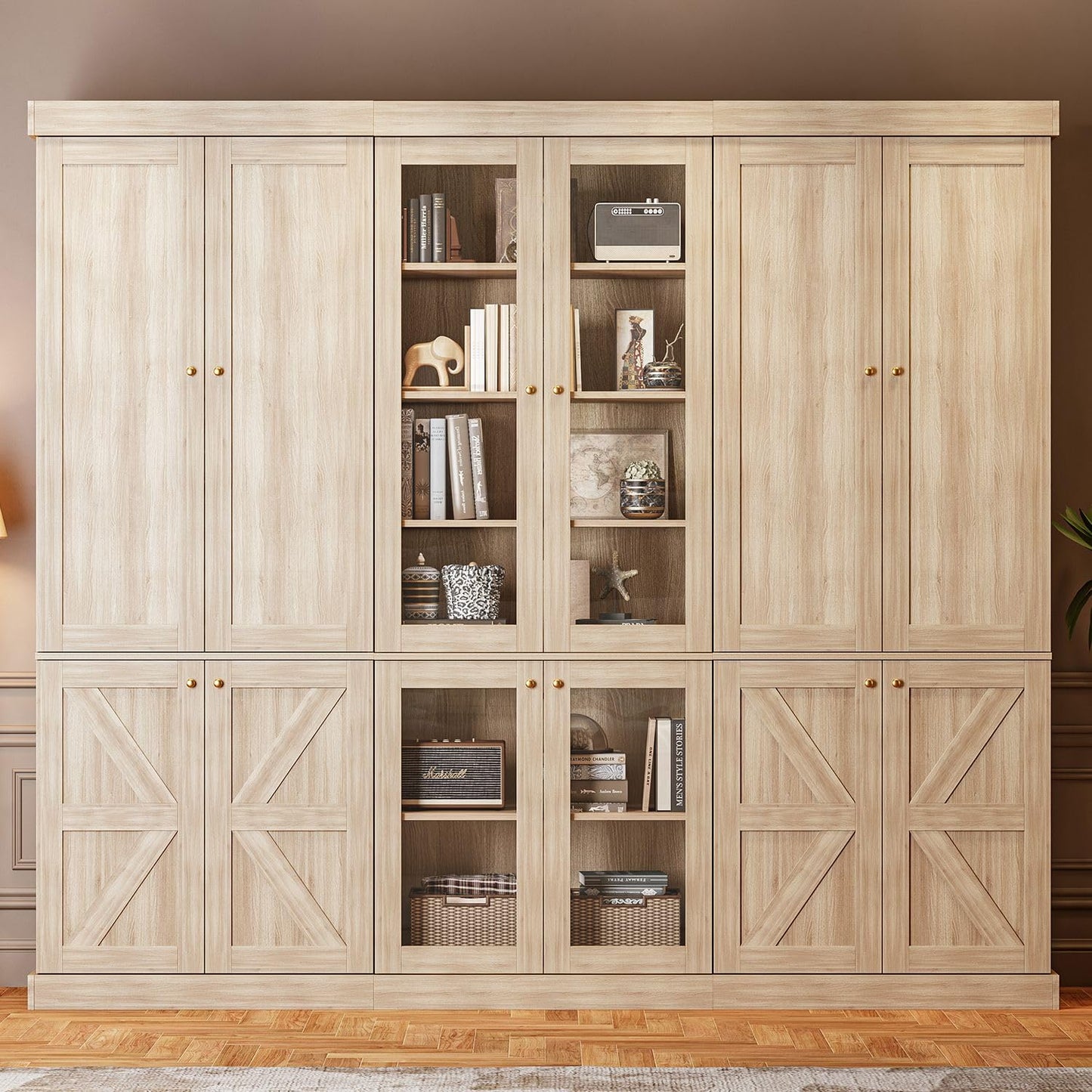 ivaniti 70.8" Tall Bookshelf with Doors, Farmhouse Modular Bookcase with 4-Tier Adjustable Shelves, Large Storage Cabinet for Home Office, Living Room, Brown, Set of 2