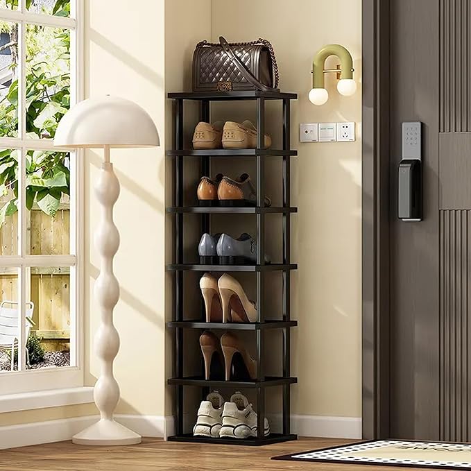 Vertical Shoe Rack - Tall Narrow Shoe Rack Organizer for Small Spaces,7 Tier Bamboo Shoen Shelf for Entryway,Closet,Corner,Doorway,Skinny Shoe Shelf Space Saving Shoe Storage,Free Stackable DIY