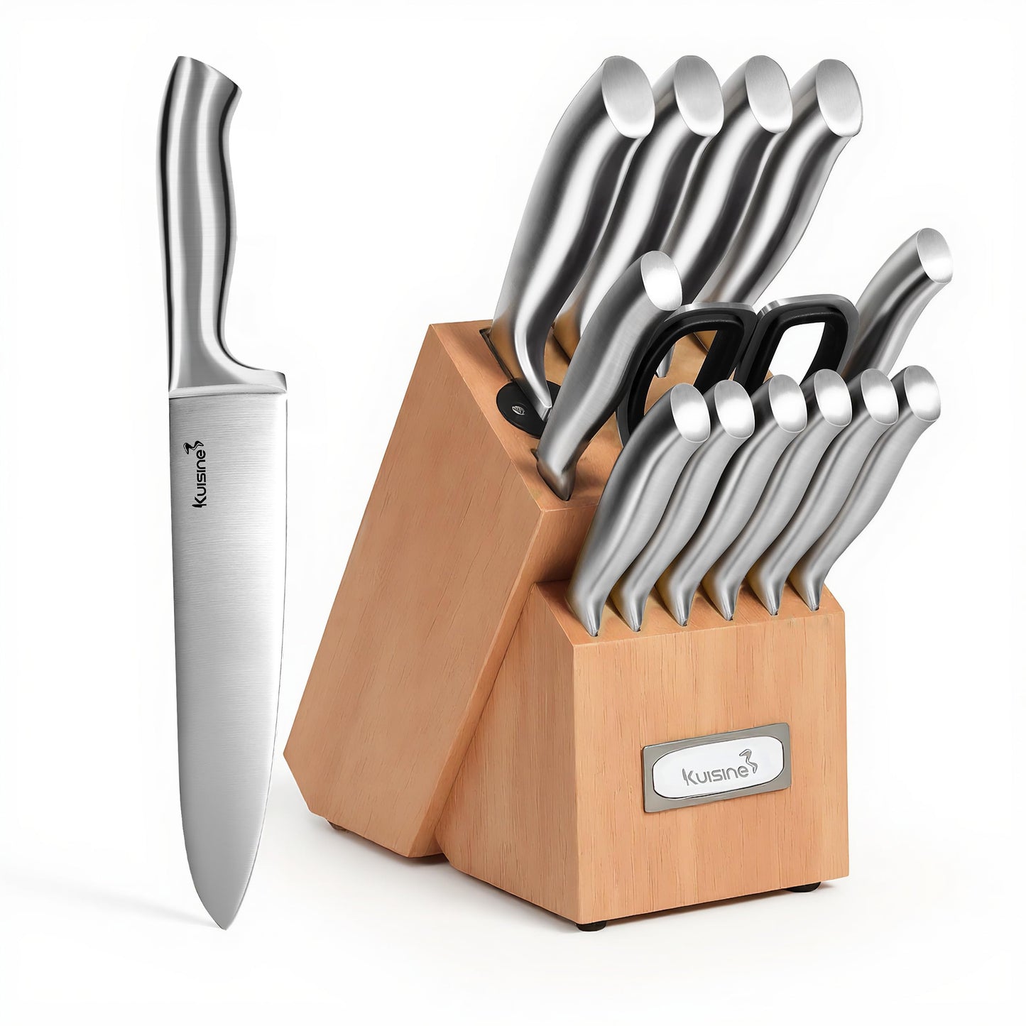 KUISINE Upgraded Chef Knife Set,High Carbon Stainless Steel Ultra Sharp Blade Ergonomic Handle,Kitchen Knife Block Set with Built-in Sharpener,Elegant Gift for Holiday(Silver Black,15PCS)