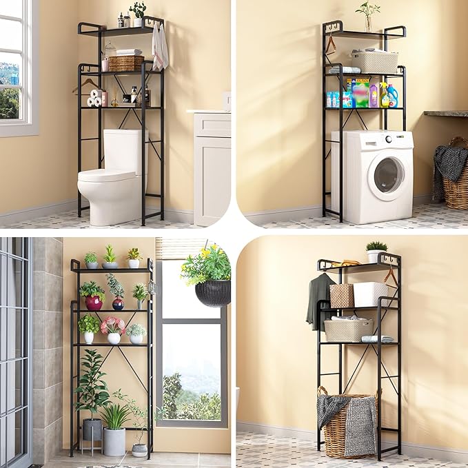 Over-The-Toilet Storage Rack with 3-Tier Shelves, Space Saver Toilet Shelf, Bathroom Storage Organizer with Hooks for Over-Toilet Storage (Black)