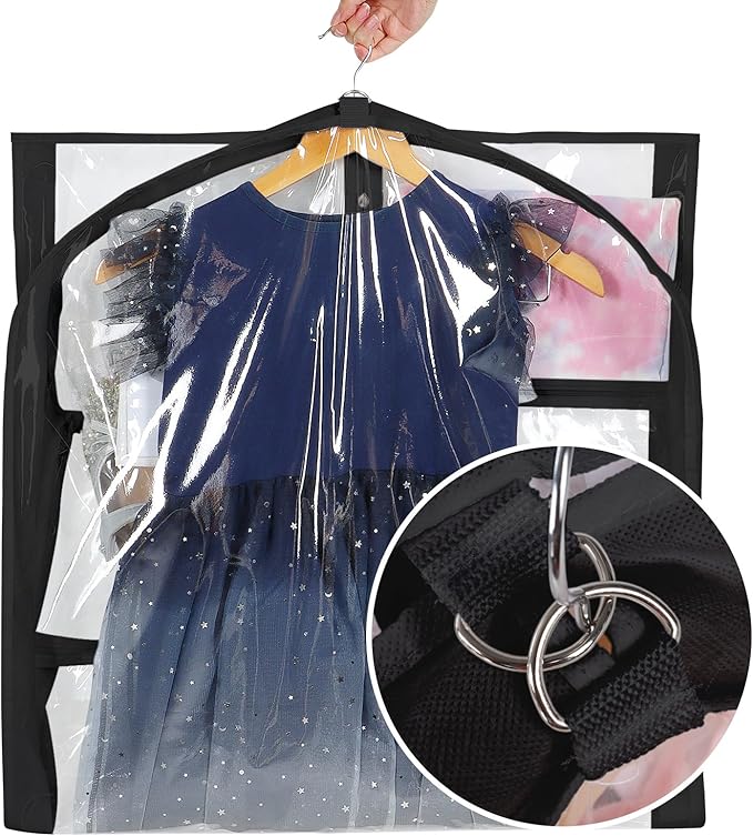 Univivi Clear PVC Dance Costume Bag, 50 Inch Garment Bag for Competitions With 3 Separated Medium Zipper Pockets and 1 Large Back Zippered Pocket (Clear/Black)