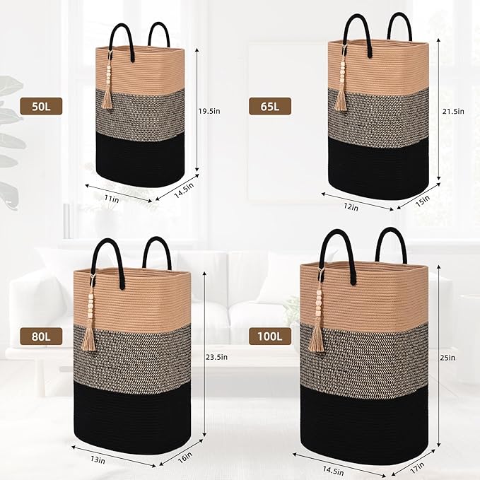 Woven Laundry Basket for Clothes, 50 L Large Rectangle Laundry Hampers with Beads Tassel, Nursery Storage Basket for Toys, Tall Dirty Clothes Hamper for Bedroom Aesthetic, Laundry Room Organization