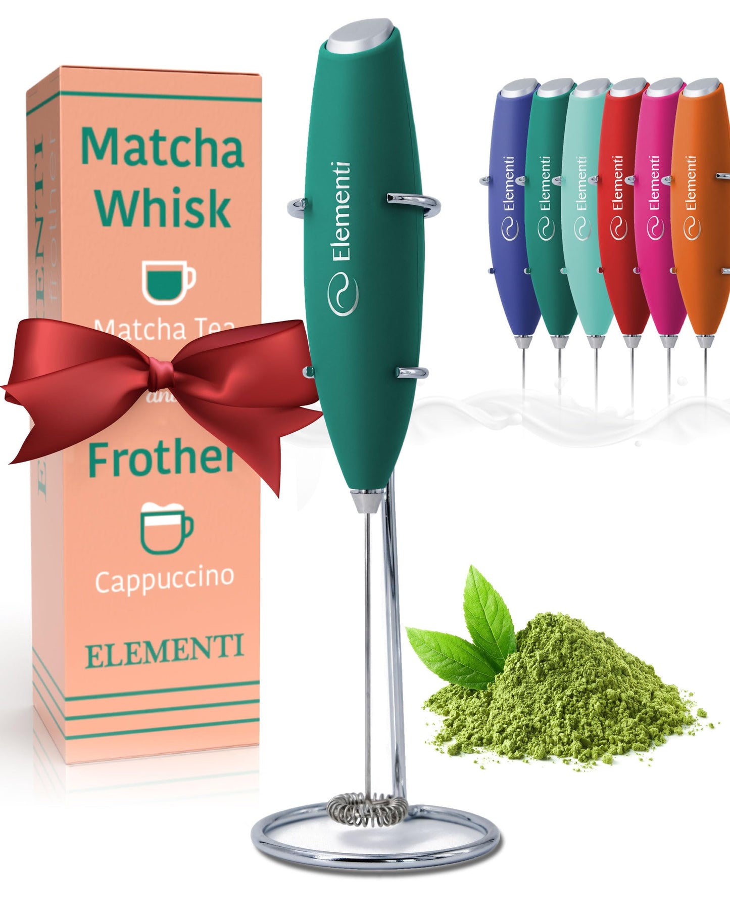 Elementi Portable Milk Frother & Stand – Compact Mixer for Powdered Drinks and Coffee, Electric Whisk Hand Blender, Specialty Kitchen Appliance (Pumpkin Orange)