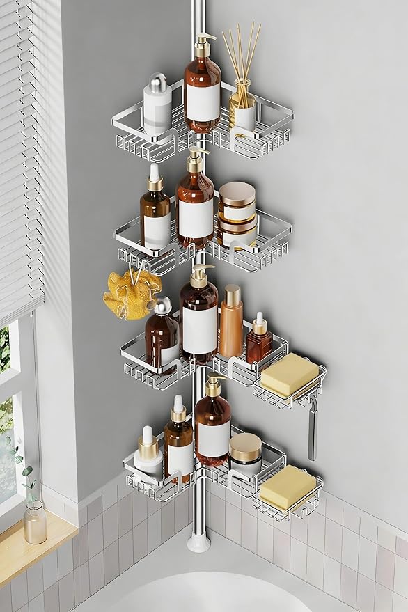 Shower Caddy Corner for Bathroom, Tension Pole, Adjustable 25in-114in Floor to Ceiling, Standing Shower Tension Rod Organizer, 4 Tier Storage Shelves with 2 Soap Holders/Hanging or Adhesive, Silver