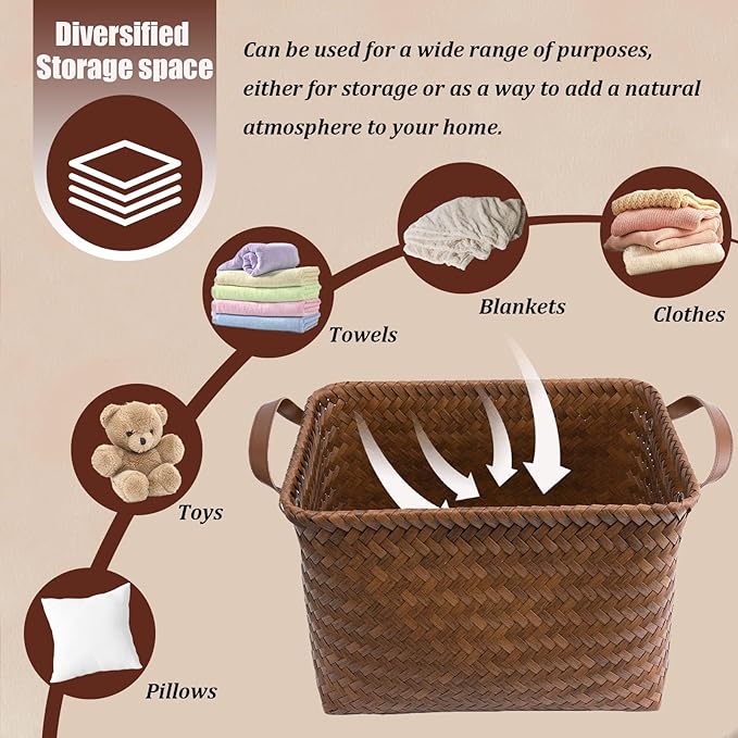 BROWNLILY Handwoven Clothes Basket Laundry Hampers Large Wicker Storage Baskets for Shelves Blankets Closet Storage Bins Car Bedroom Bathroom Organizers and Storage Bath (Pack of 10, Brown)
