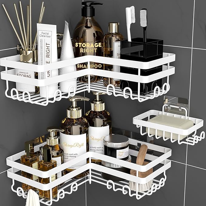 StorageRight Corner Shower Caddy, 3 Pack Adhesive Bathroom Accessories with Soap Holder, Storage Stainless Shower Organizer Shelf with Hooks, No Drilling Shower Shelves for Bathroom(White, X-Large)