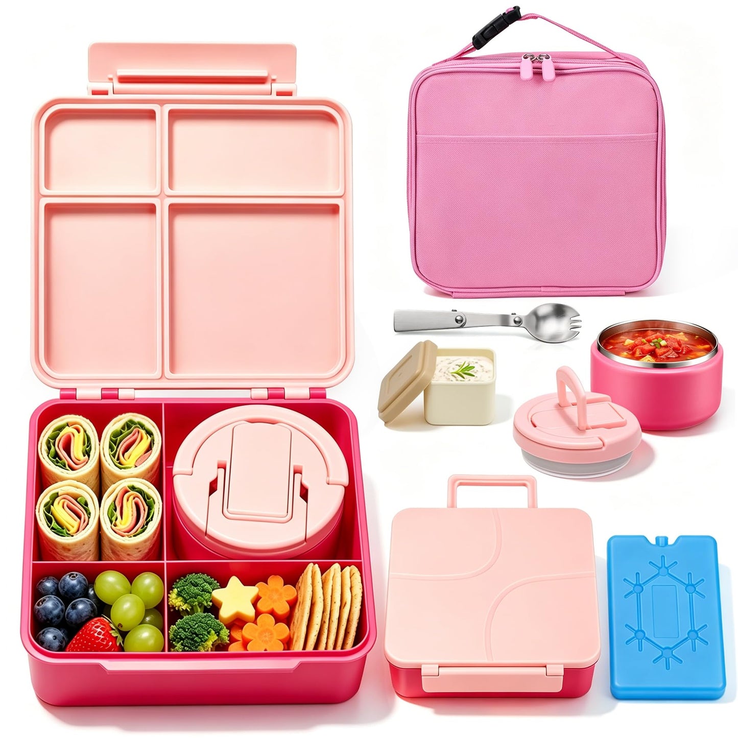 Bento Lunch Box with 8oz Soup Thermo,Kids Leakproof 4 Compartment Lunch Food Containers with Sauce Cup and Ice Pack,Kids Thermo Insulated Hot Food Jar and Lunch Bag for School,Trvael-Green