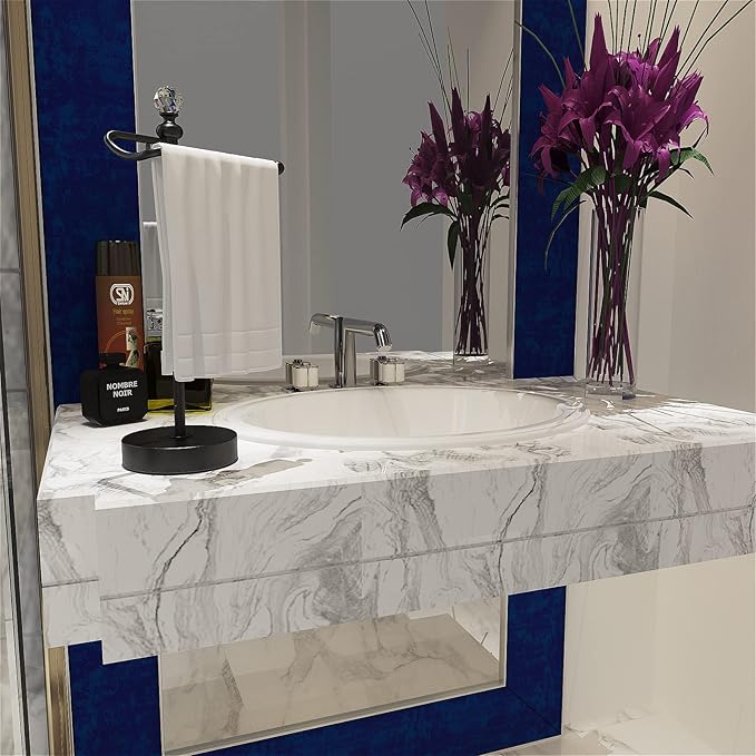 Heavy Weighted Hand Towel Holder(with Crystal Ball) Standing Hand Towel Holder Total Height 15.7'' for Kitchen,Bathroom,Vanity,Classic Decorative Metal Hand Towel Stand,Matte Black
