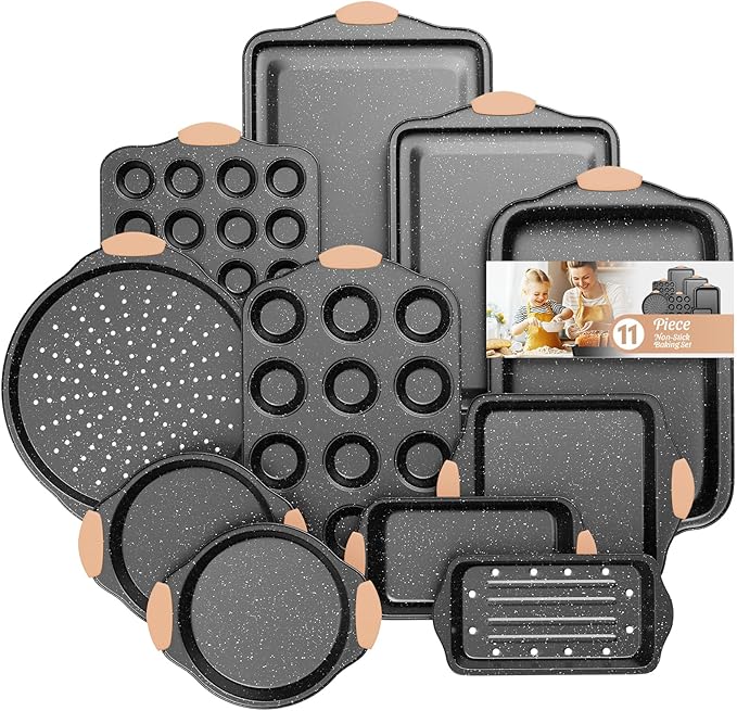 11-Piece Kitchen Nonstick Stackable Bakeware Set, Baking Pans Set, White
