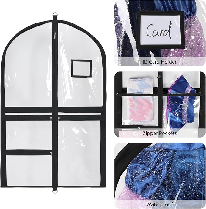 Univivi Clear PVC Dance Costume Bags, 35 Inch Garment Bag for Dance Competitions, with 3 Seperated Medium Clear Zipper Pockets and 1 Large Back Zippered Pocket (Black)