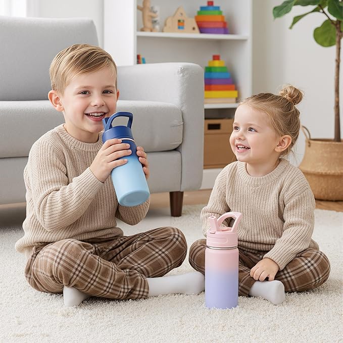 12oz Kids Water Bottle for School, Toddler Bottles with Straws, Stainless Steel Vacuum Insulated Water Bottle for Boys&Girls, Leak-Proof, BPA-Free, Cherry