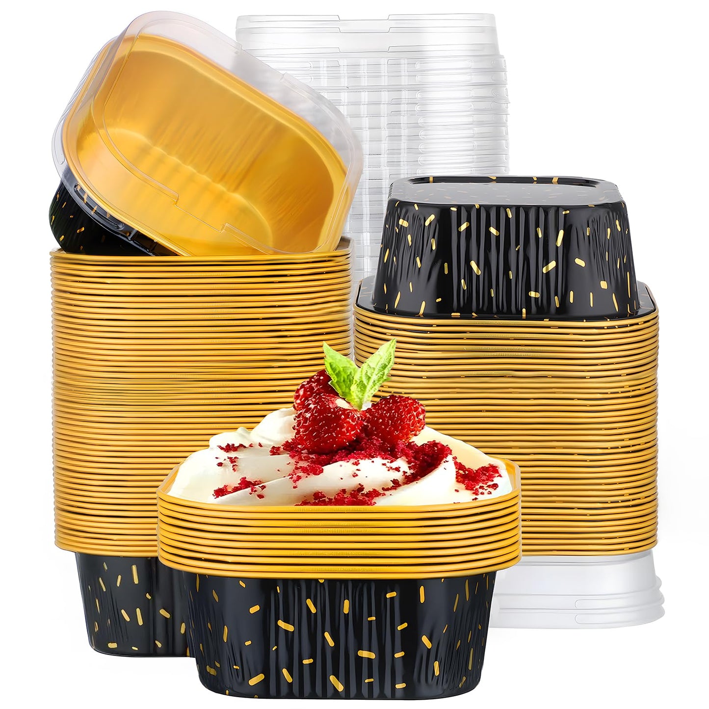 EUSOAR Creme Brulee Ramekins Disposable, 50pcs 10oz Cupcake Liners Foil Baking Cups with Lids, Aluminum Muffin Cups Square Dessert Wrappers Mini Cake Loaf Bread Pans for Wedding Birthday Party