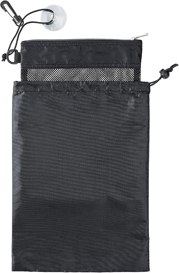 Shower Bag Tote, Mesh Caddy Toiletry Organizer 12”L x 9”W, Compact and Lightweight With Suction Cup, Cord for Hanging, Zipper and Drawstring Pouch 14”L x 10”W, Black