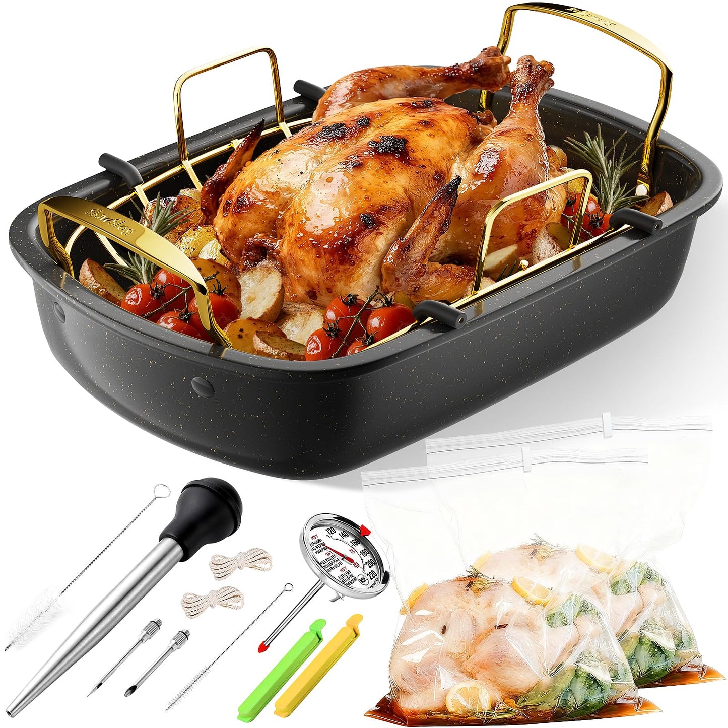 Turkey Roasting Pan, 17x13 Inch Roaster Pan for Turkey, Black&Silver