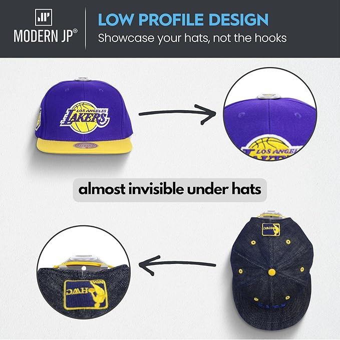 Modern JP Adhesive Hat Hooks for Wall (8-Pack) - Hat Rack for Baseball Caps, Minimalist Hat Display, Strong Hold Hat Hangers for Wall - USA Patented, White