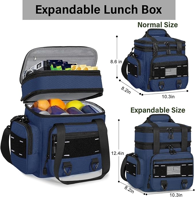Expandable Tactical Lunch Box, Large Insulated Lunch Cooler Bag Heavy Duty Leakproof Lunch Pail for Men Adults Work Office Outdoor Picnic Trips,16L,Blue