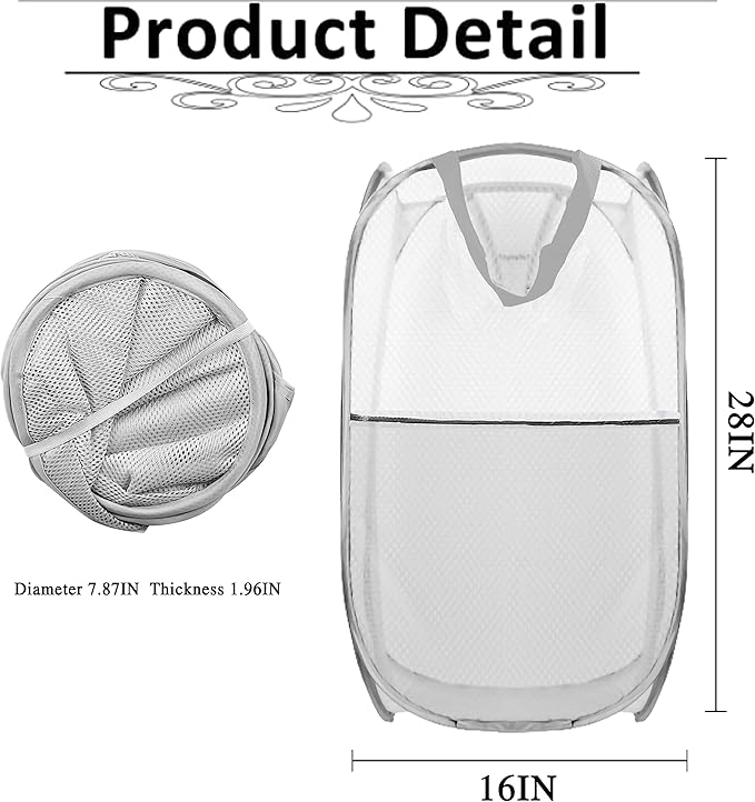 Collapsible Pop Up Laundry Hamper, Extra Large Mesh Foldable Laundry Basket, 28" x 16" x 16" (Grey)