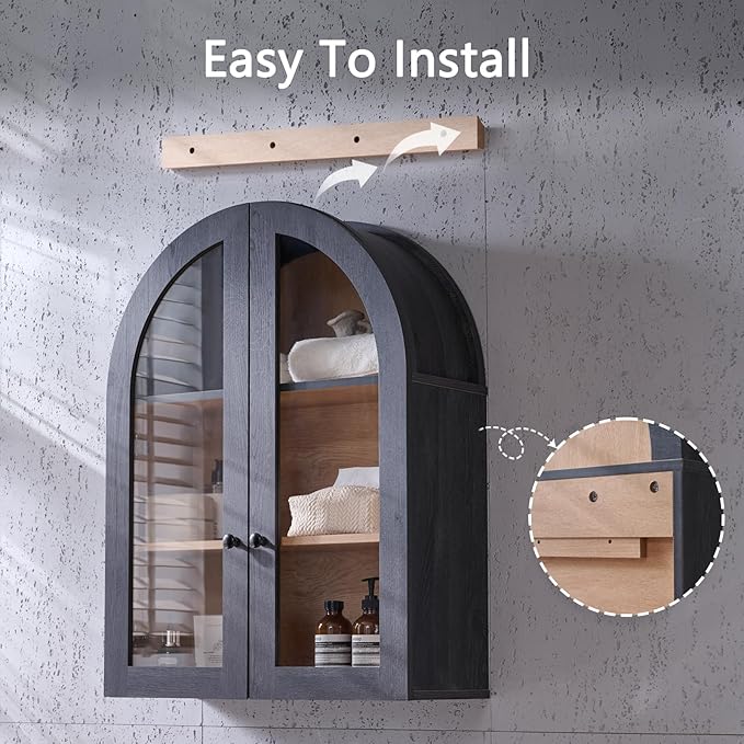 Bathroom Arched Wall Cabinet Over The Toilet Storage Cabinet, 23.5×31.4 Inch bathroom cabinet wall mount with Glass Doors & Adjustable Shelves, Wood Cabinet for Laundry Room, Bedroom Kitchen，Dark Grey