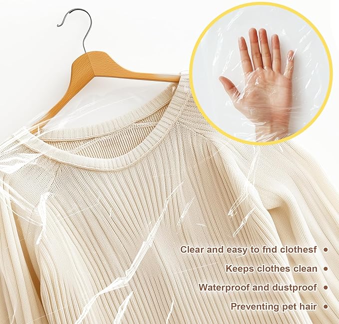 100 Pack Clear Garment Bags for Clothes, Gretchin,(Set of 100, 60x90cm), Plastic Garment Bags Dry Cleaner Bags Plastic Clear Dry Cleaning Bags for Hanging Clothes Storage