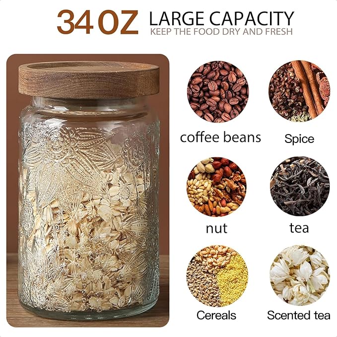 34 OZ Airtight Glass Storage Jar with Bamboo Lid - Vintage Glass Jar Vintage Food Containers Canisters Set for Kitchen Counter & Pantry - Ideal for Sugar, Flour, Coffee, Tea, Candy, Oats -2 Pack