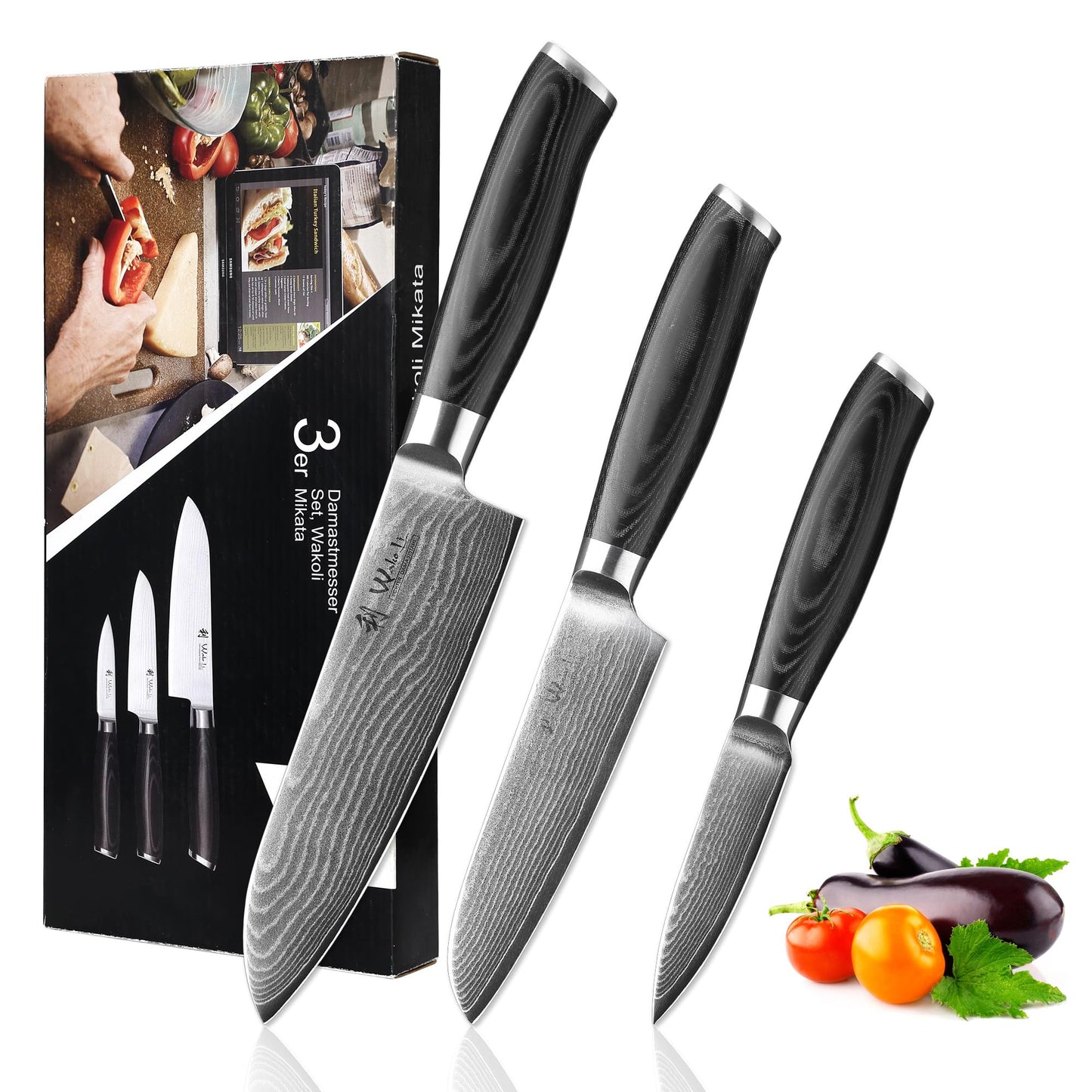 Wakoli Mikata Kitchen Knife Set, 4-Pcs VG10 Damascus Steel, Micarta Handles