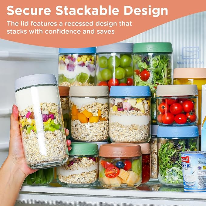 DRKIO 24 Oz Overnight Oats Containers with Lids - 6 Pack Glass Storage Jars with Airtight Lids Wide Mouth Mason Food Jars Great for Meal Prep Salad Chia Pudding Snacks Yogurt Sugar Spice Cereal