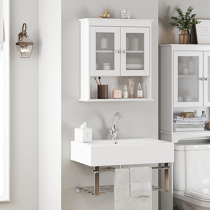 Spirich Bathroom Cabinet Wall Mounted, Medicine Cabinet Organizer with Glass Doors and Adjustable Shelves, Bathroom Wall Cabinet Over Toilet, White