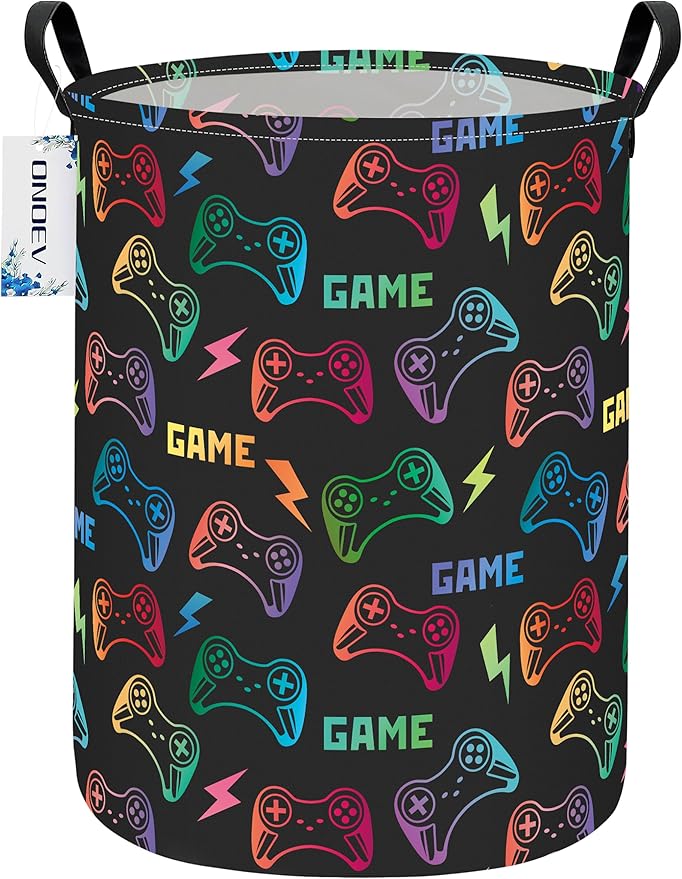Round Foldable Handle Storage Basket toys Organization Bin Versatile Clothes Container Boys and Girls Gift Hamper (GAME)