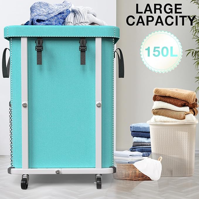 40 Gal(150L) High Grade Large Laundry Basket with Wheels, Rolling Laundry Hamper, Laundry Cart with Metal Frame and Removable Bag Design, Suitable for Laundry Room, Bedroom (Blue, 150L)